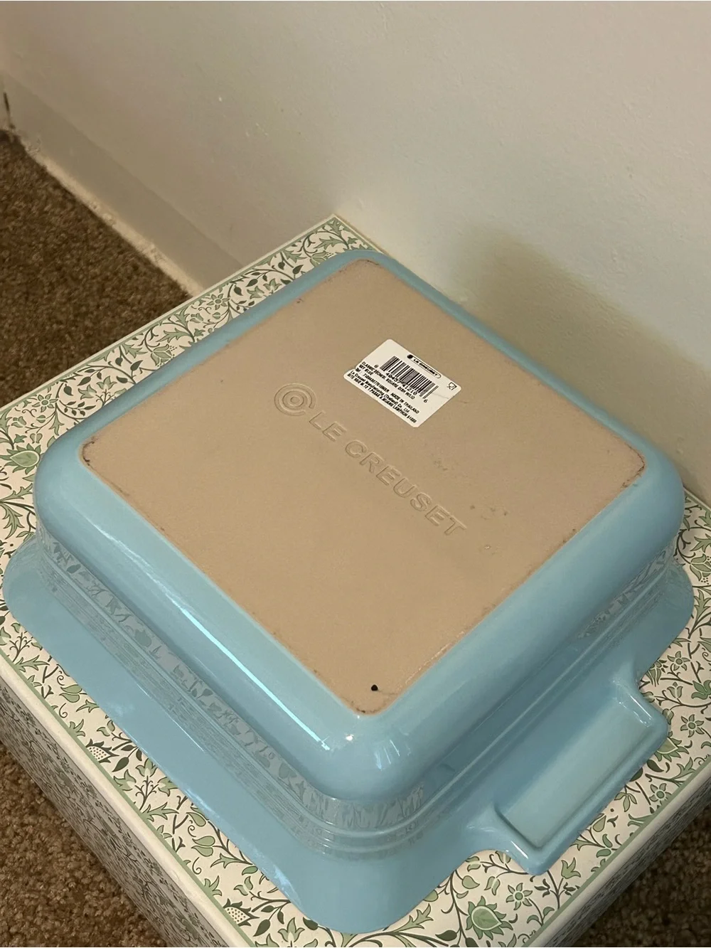 Le Creuset Light Blue Square Covered Casserole Dish with Cream Handles